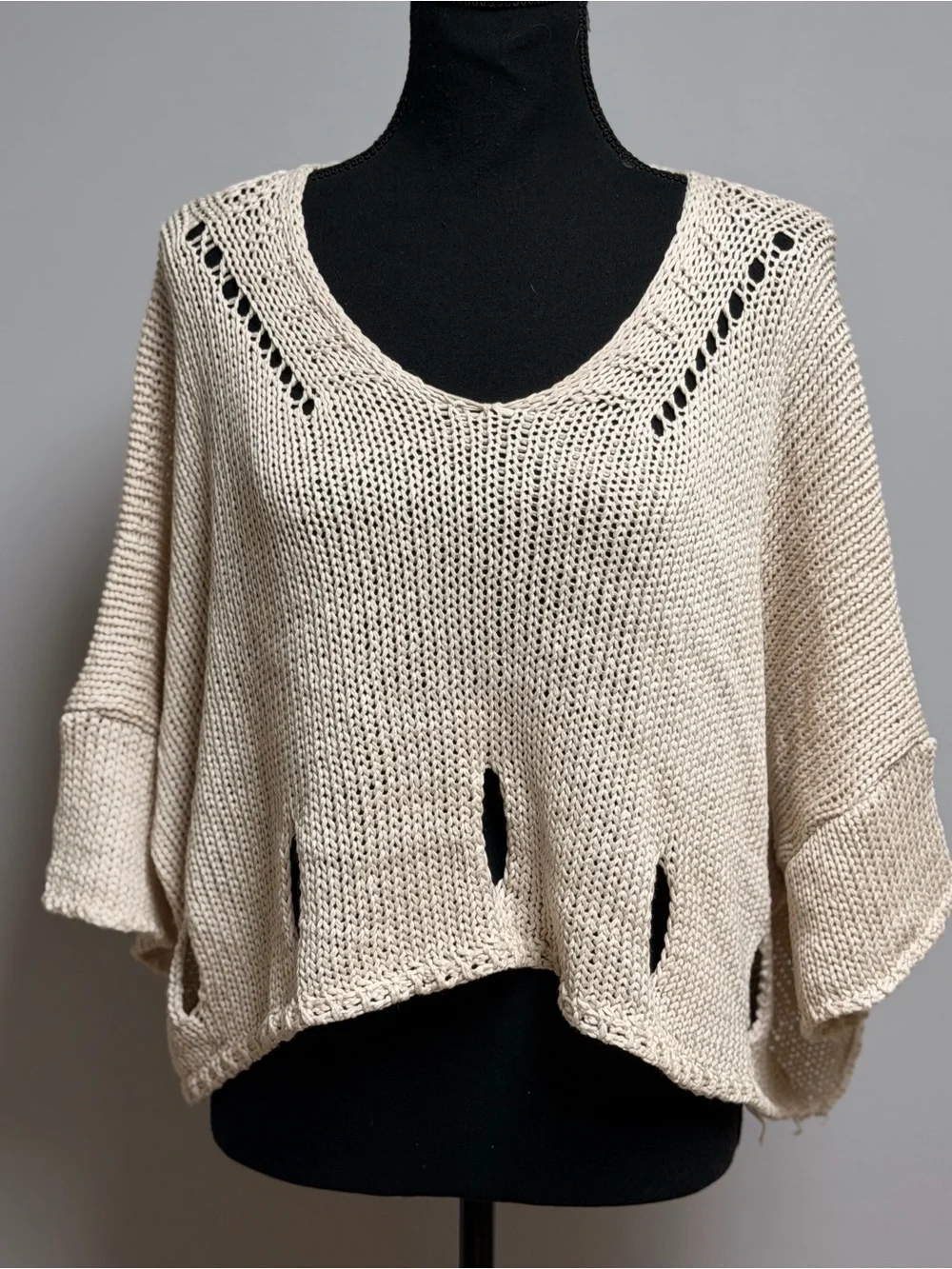 Made in Italy Cream Open Knit Cropped Poncho Sweater Distressed One Size Boho